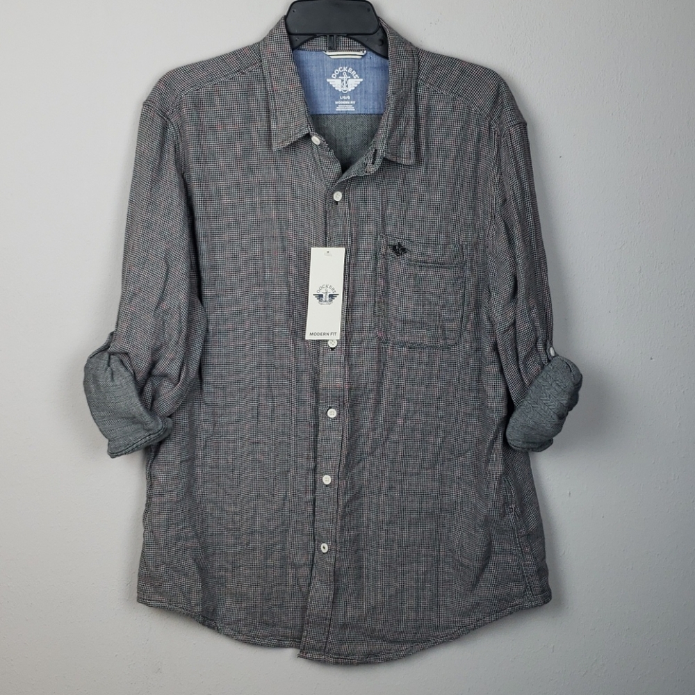 Dockers NWT Men’s L Modern Fit Long Sleeve Button Up Gray Plaid Shirt